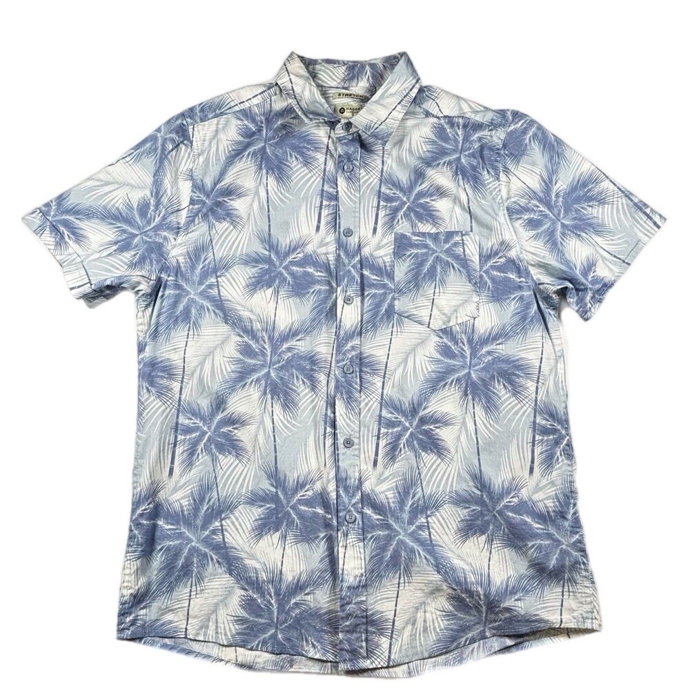 Haggar Button Up Shirt Men’s Size Large Blue White Palm Trees Short Sleeves Camp